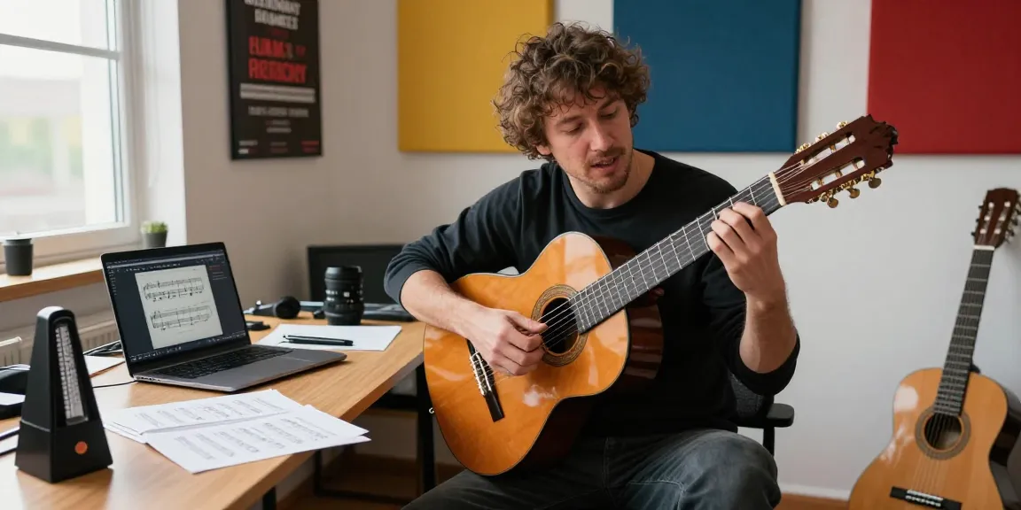 Private classical guitar lessons with a passionate instructor demonstrating techniques in a warm studio environment.