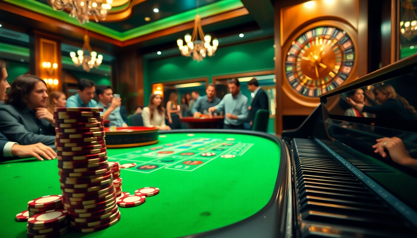 High-stakes poker at kp 88 casino with vibrant chips and roulette wheel in an elegant setting.