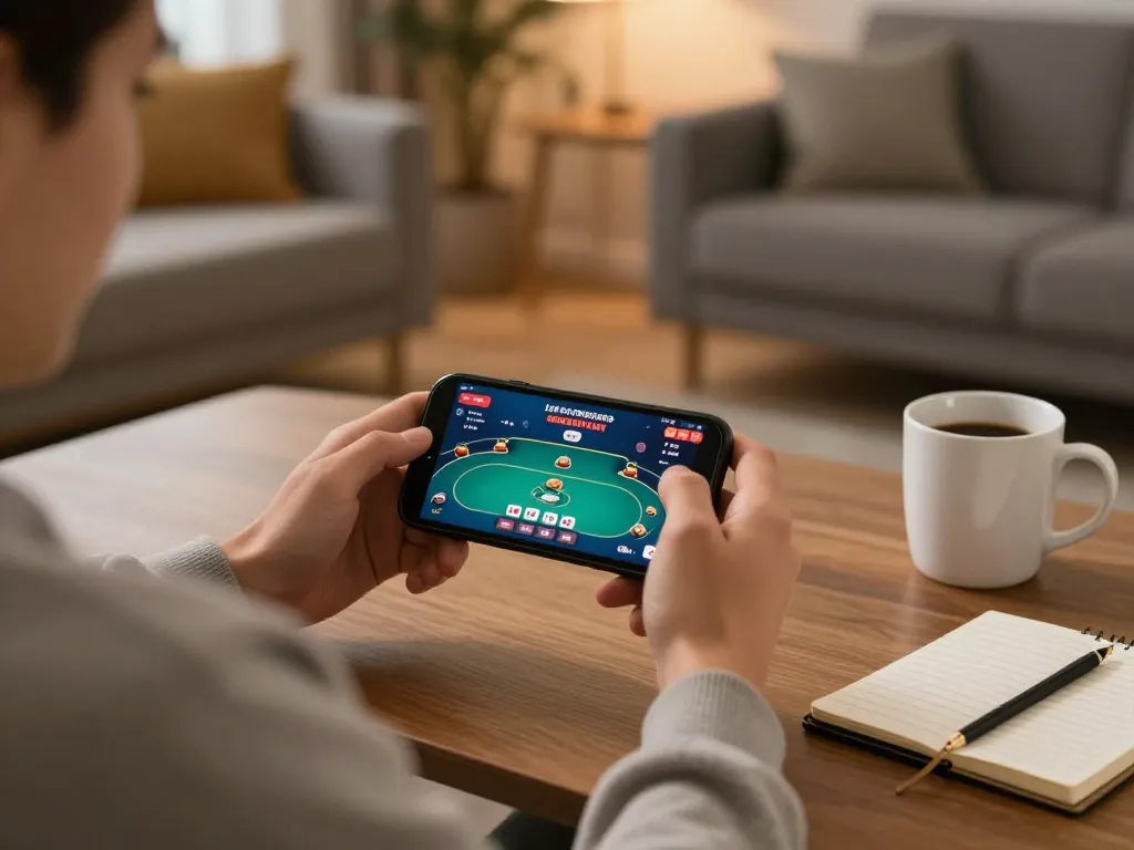 Tại 56win, engaging live poker gameplay on mobile device in a cozy home setting