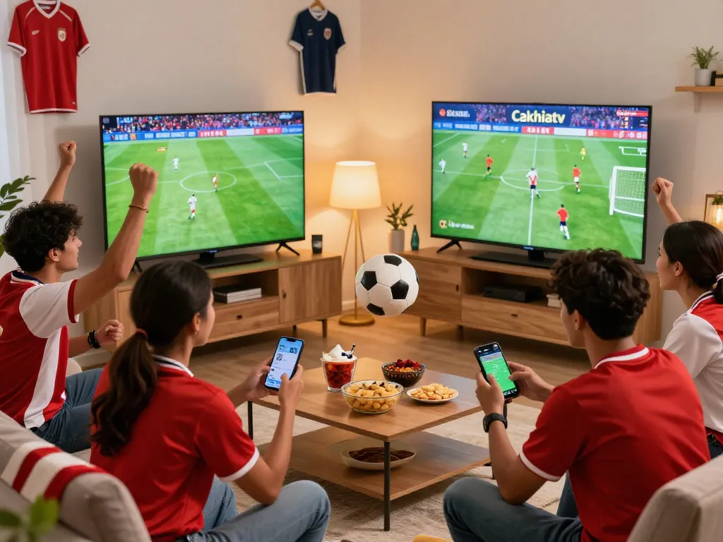 Cakhiatv football fans enjoying a live match in a lively living room