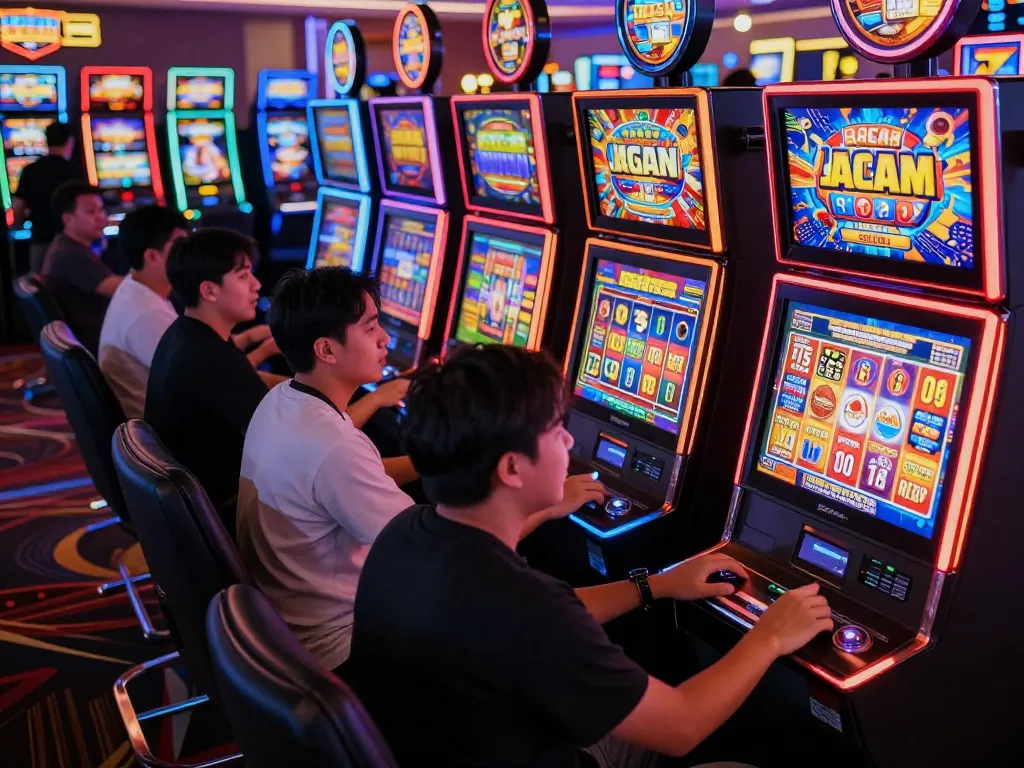 Players enjoying the excitement of slot gacor gampang menang in a vibrant casino environment, bright lights and colorful machines.