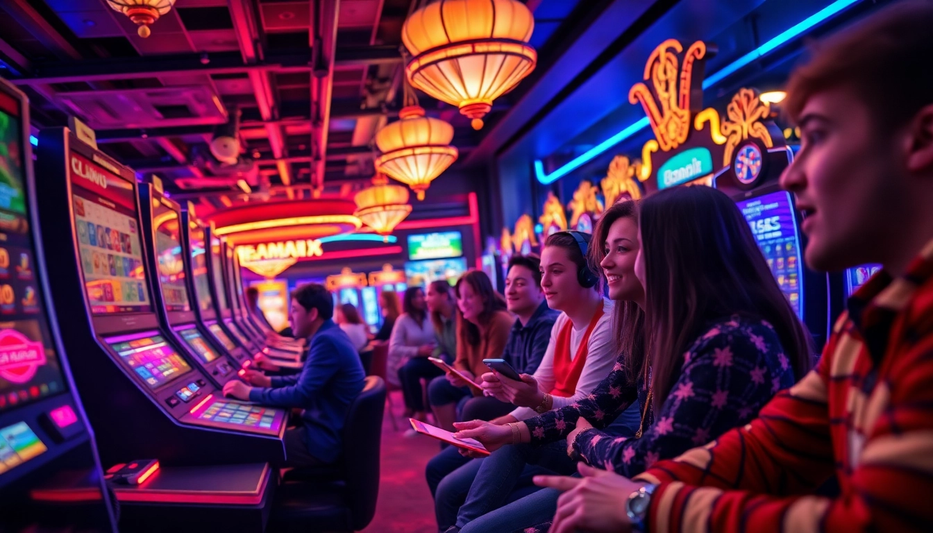 Vibrant gaming scene at XX88.XYZ showcasing diverse players engaged in thrilling casino games.