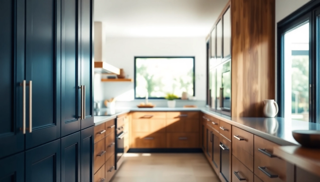Beautiful custom cabinet designed in a bright kitchen featuring navy blue and oak accents.