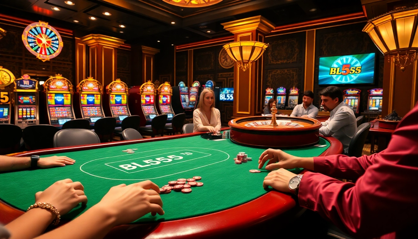Engaging BL555 gameplay with players at a poker table and vibrant casino backgrounds.