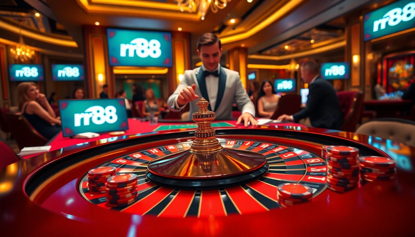 RR88 casino scene featuring roulette, poker chips, and vibrant card gameplay atmosphere.