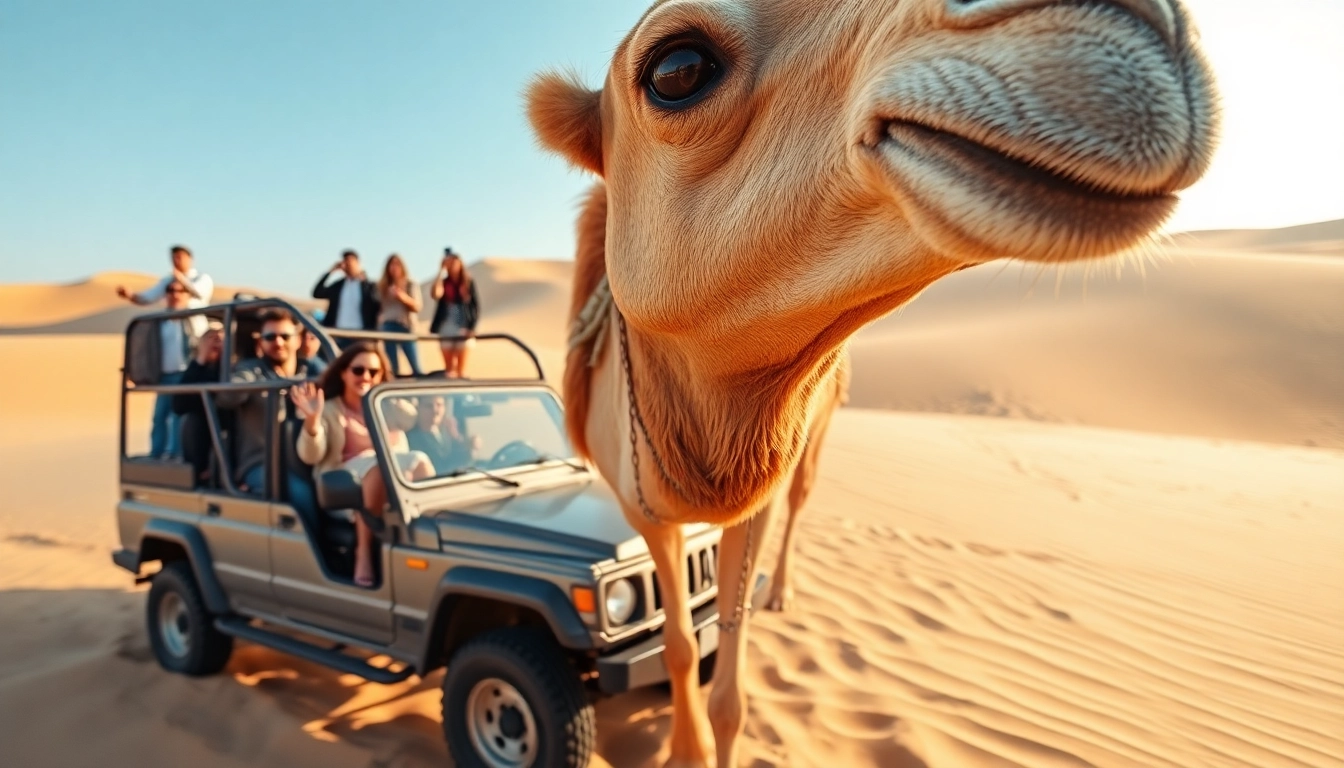 Experience the thrill of a morning desert safari Dubai with joyful tourists and stunning golden dunes.
