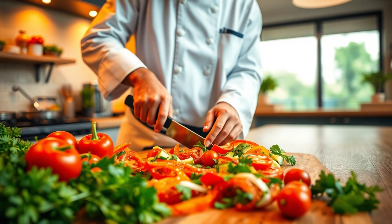 Chef showcasing vibrant culinary skills at dishfacts.com with fresh ingredients and an inviting kitchen.