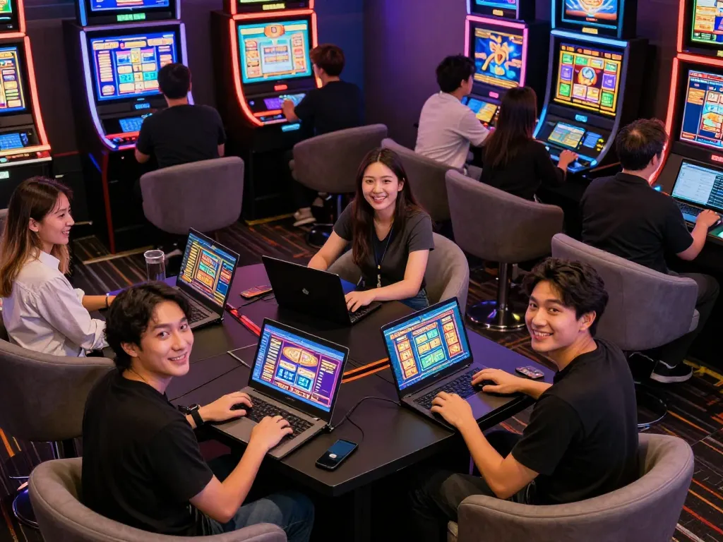 Engaging online gamers enjoying เว็บสล็อต on laptops and tablets in a lively atmosphere