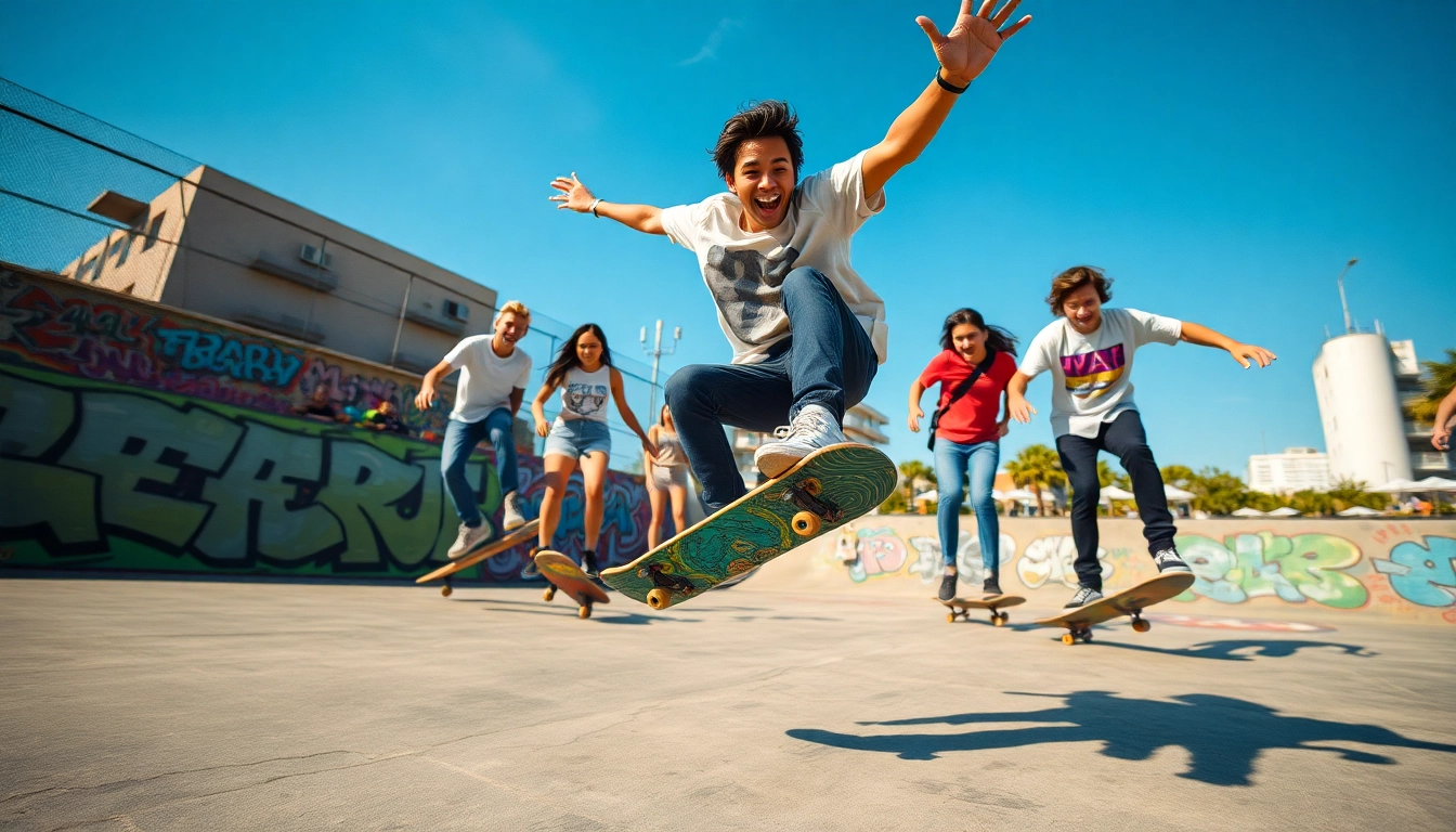 Enthusiastic skaters practicing at the École de Skate Paris in a lively urban skatepark setting.