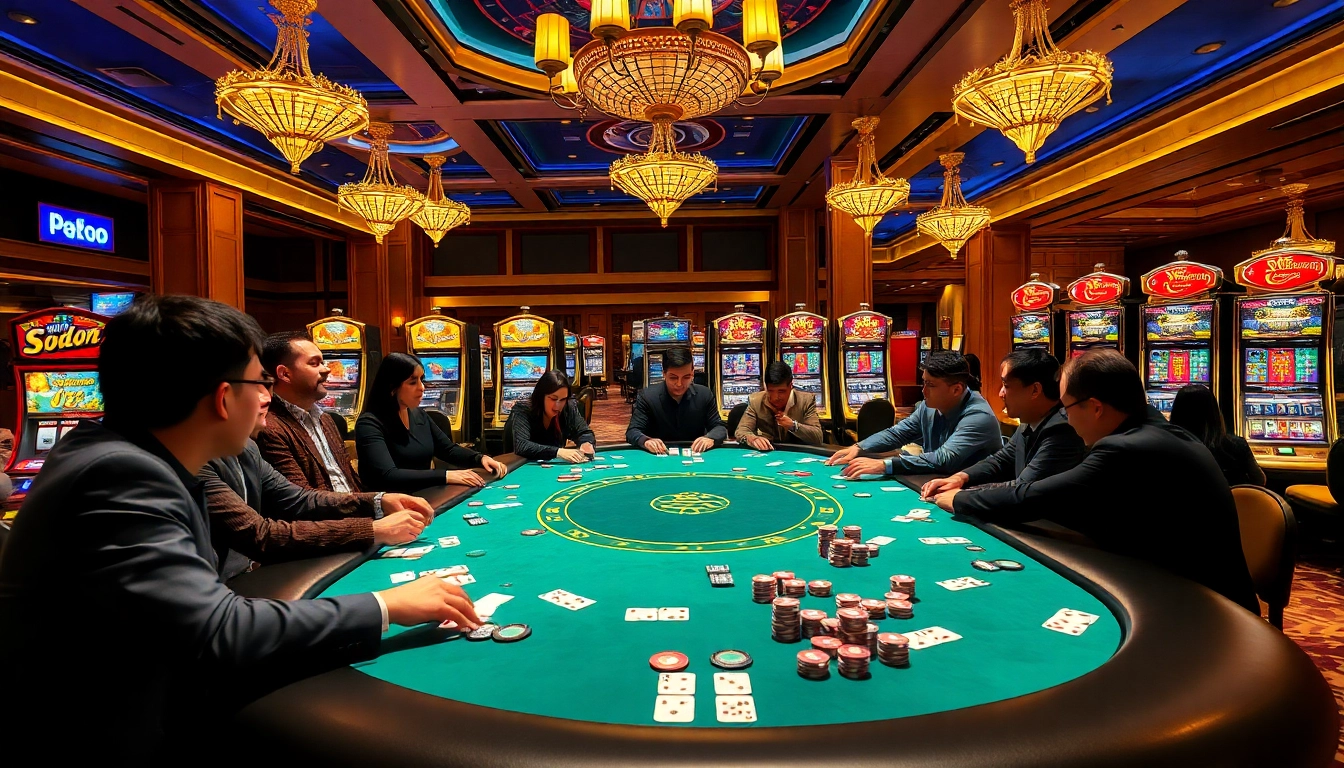 SODO gambling excitement at a luxurious poker table with diverse players and vibrant slot machines.