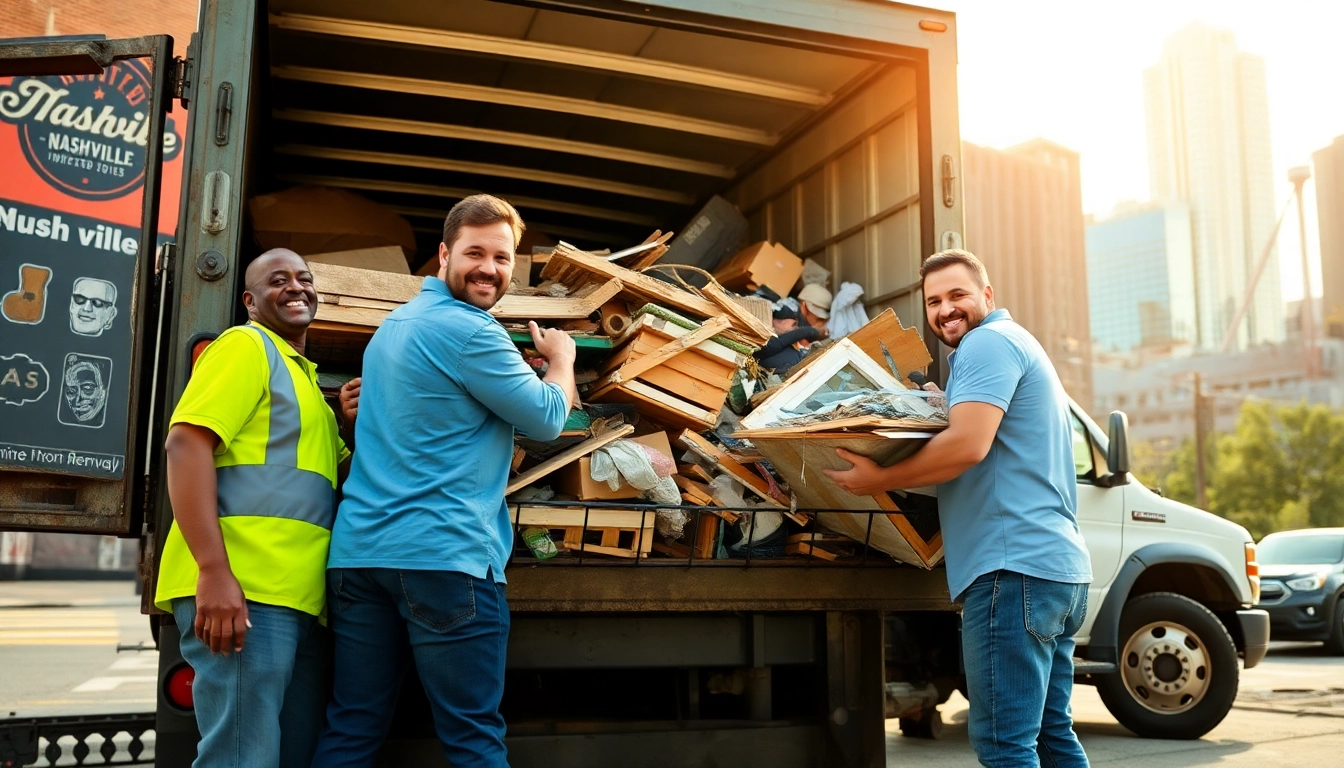 Affordable junk removal Nashville team efficiently clearing debris from a home in a vibrant urban setting.