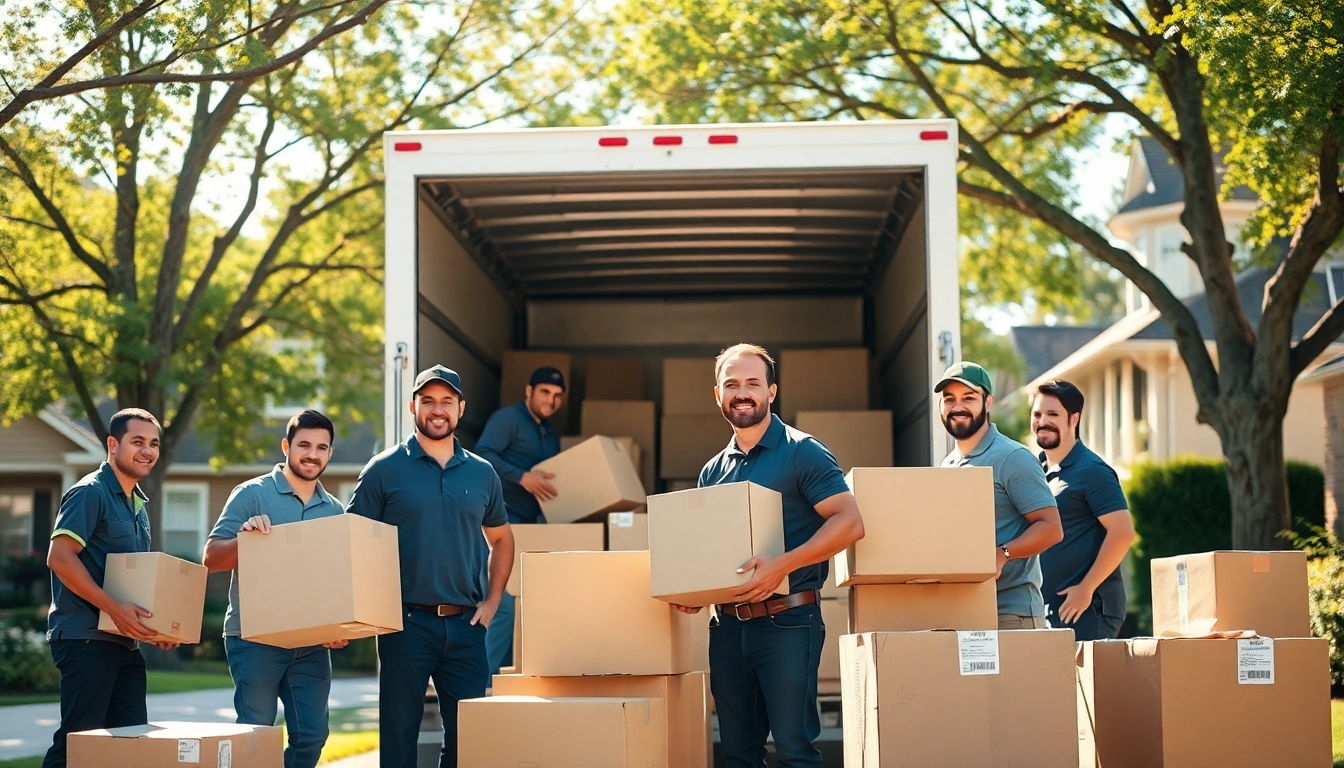 Calgary movers loading a professional moving truck in a sunny suburban neighborhood.