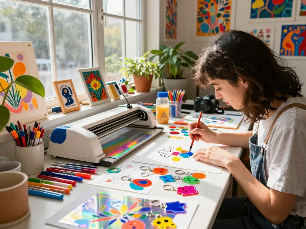 Custom acrylic keychains creation in a vibrant artist studio with colorful designs and crafting tools.