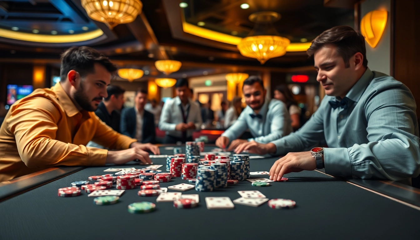 Main players actively participating in a Domino88 poker game with chips prominently displayed.