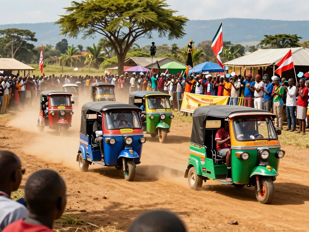Tuk tuk race Kenya showcasing colorful vehicles and enthusiastic spectators in a lively competition.
