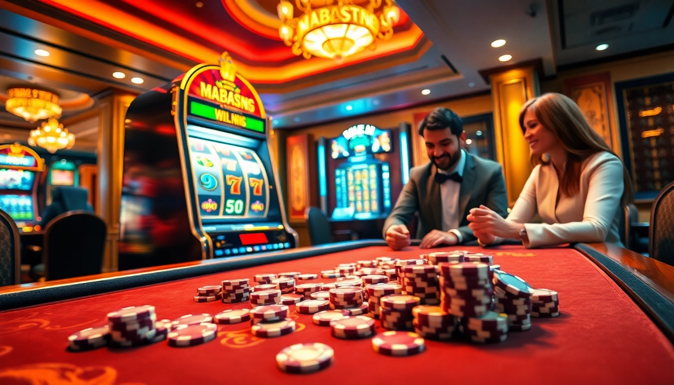 MABAR88 Menang menampilkan para pemain yang menang di mesin slot berwarna-warni dalam suasana kasino mewah.