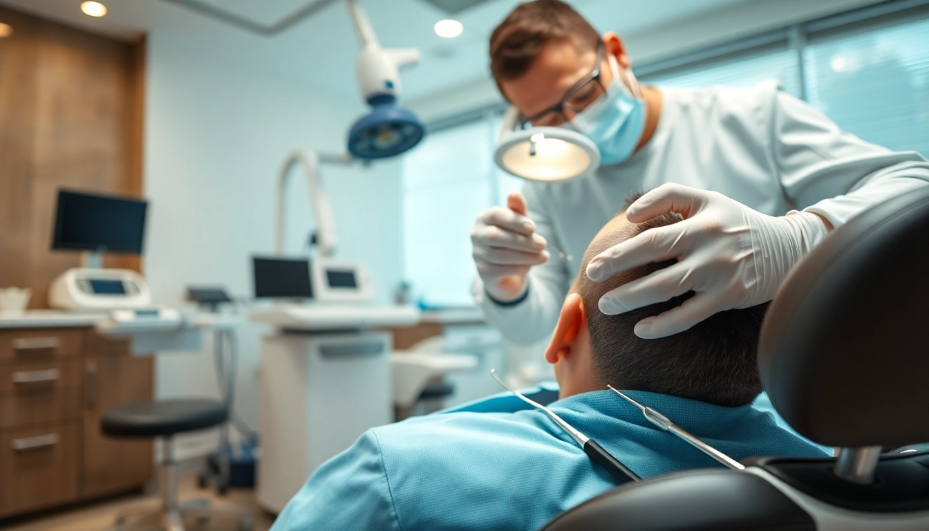 Patient undergoing hair transplant turkey procedure in a modern clinic setting.