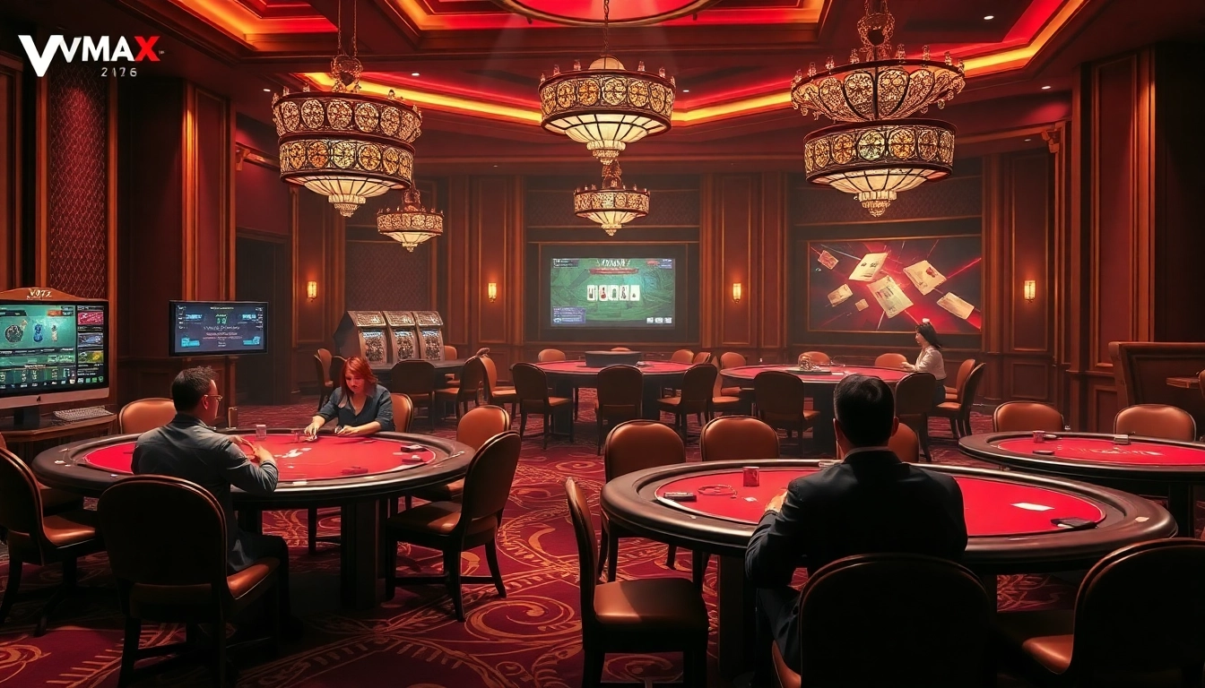 Game Bài VMAX 2026 players enjoying intense card games in a luxurious casino setting.