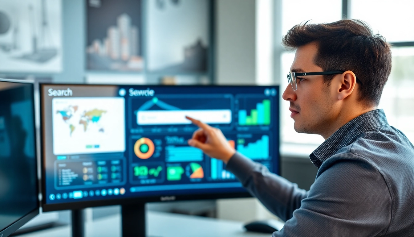Engaged user accessing enterprise search software on a modern workspace interface.