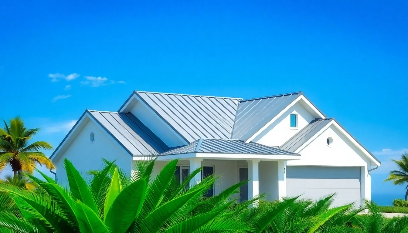 Showcasing a modern home with metal roofing set against a bright sky and lush greenery.