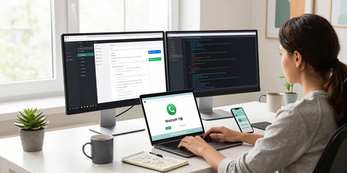 WhatsApp下載 in a modern workspace, showcasing a laptop and smartphone setup with natural light