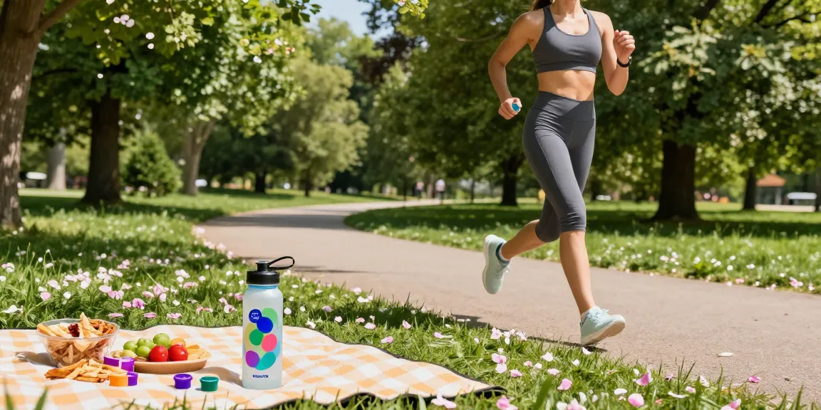 Active woman enjoying her flavoured water bottle while jogging in a vibrant park.