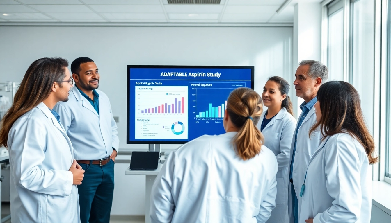 Researchers analyzing data related to the ADAPTABLE Aspirin Study in a modern laboratory.