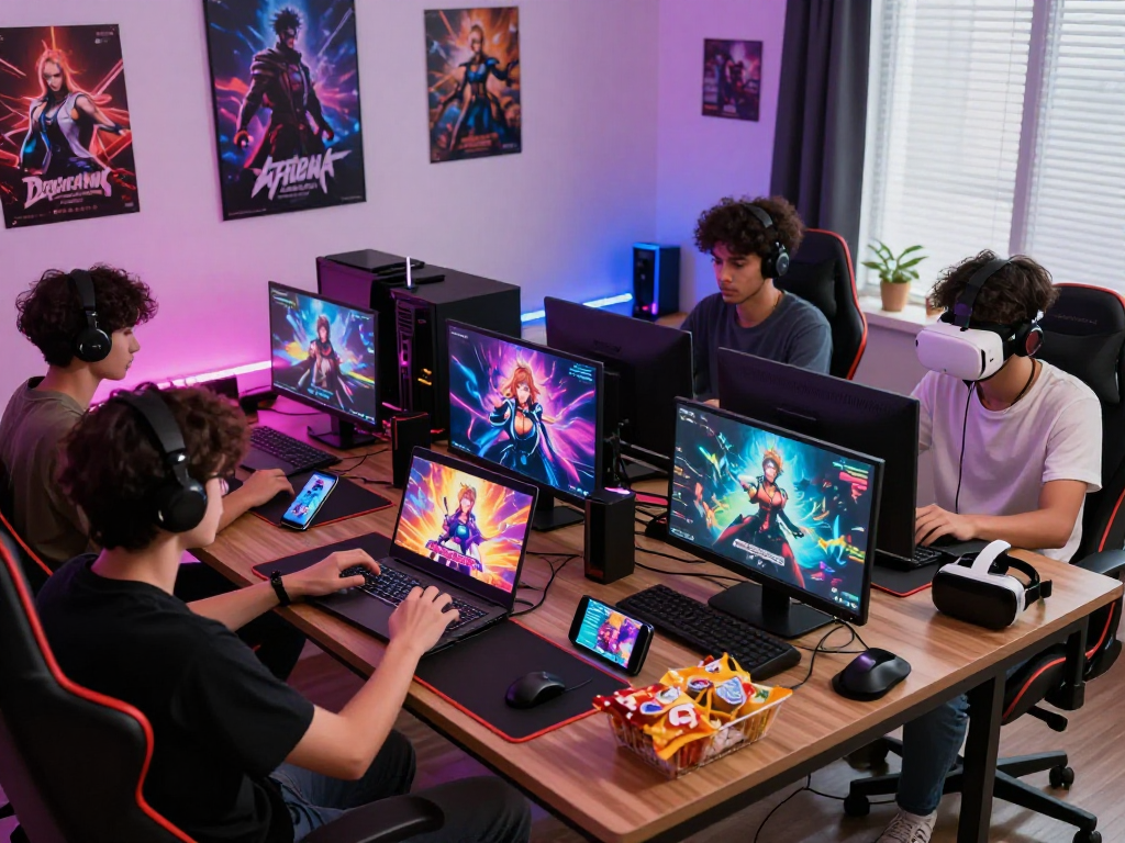 Vibrant scene of players engaged in a hentai game with devices and snacks in a cozy gaming room.
