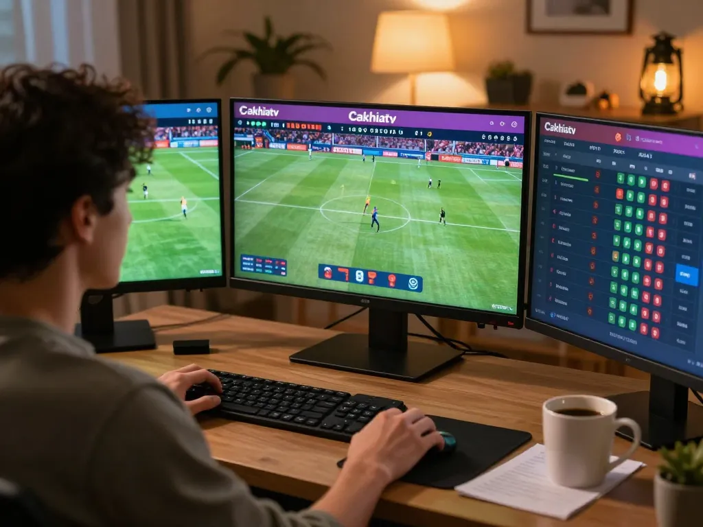 Engaging individual placing bets on Cakhiatv while viewing live sports, showcasing online gambling excitement.