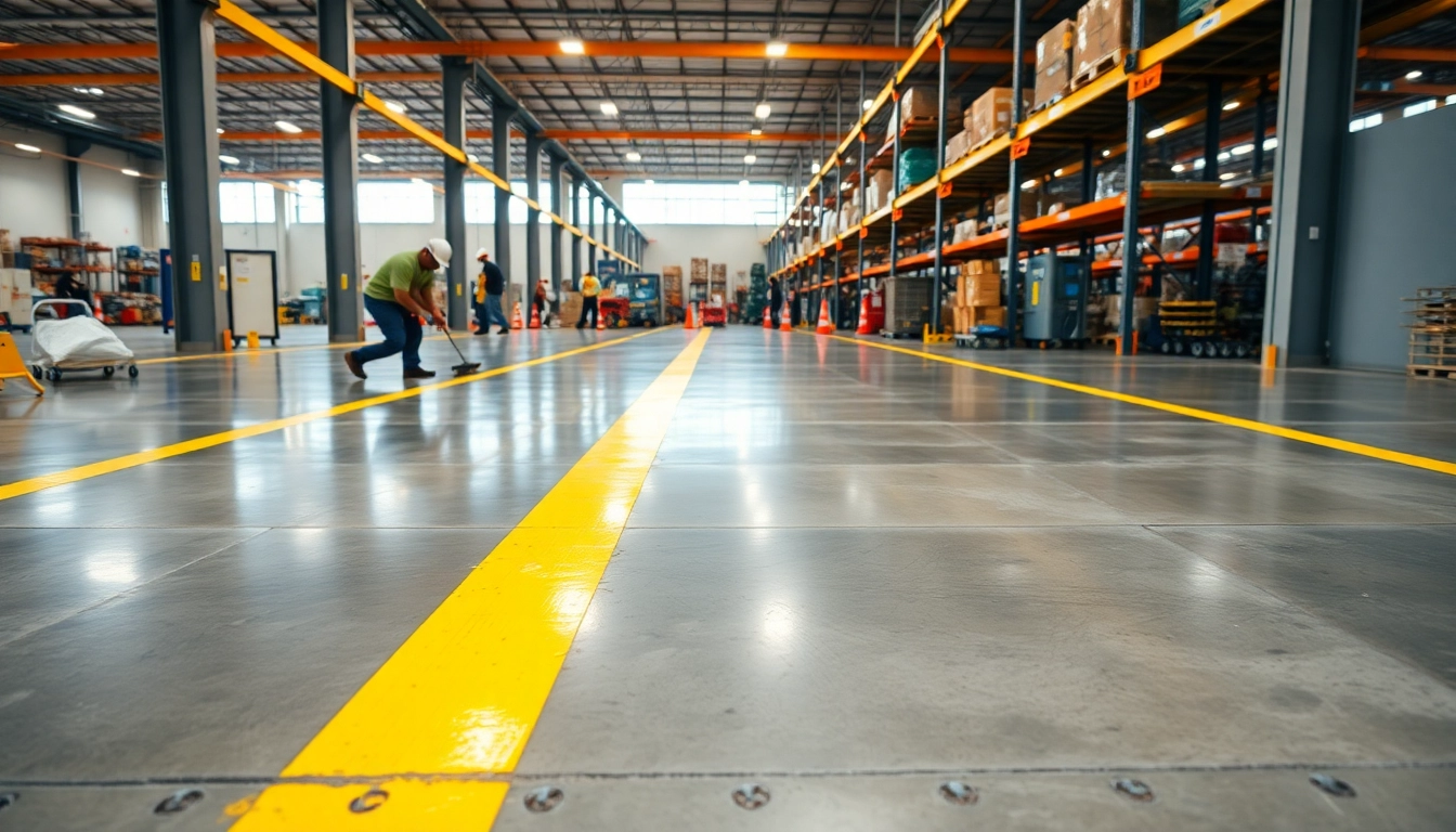 Warehouse floor striping Jackson MS showcases workers applying vibrant stripes for safety and organization.