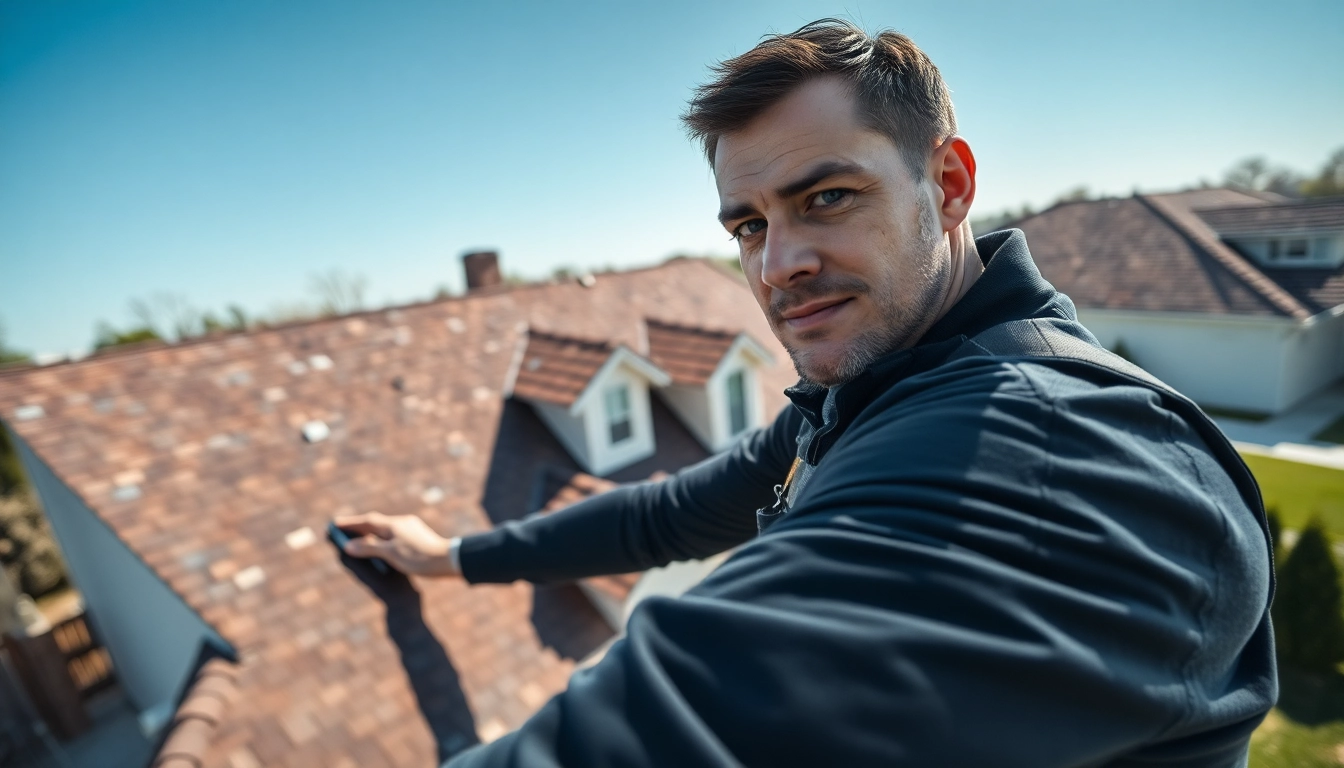 Roof repair inspection by a professional roofer showcasing wear and roofing materials.