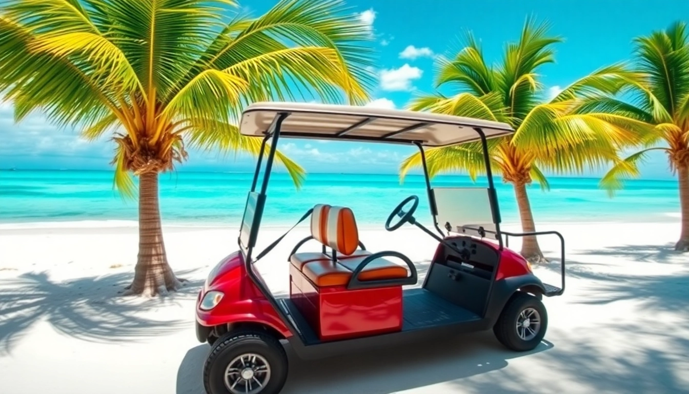 Experience Golf Cart Rental San Pedro Belize with a vibrant golf cart in a tropical setting.
