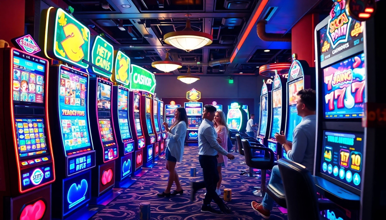 Petani toto memainkan slot yang berwarna-warni dan menawan di kasino yang ramai.