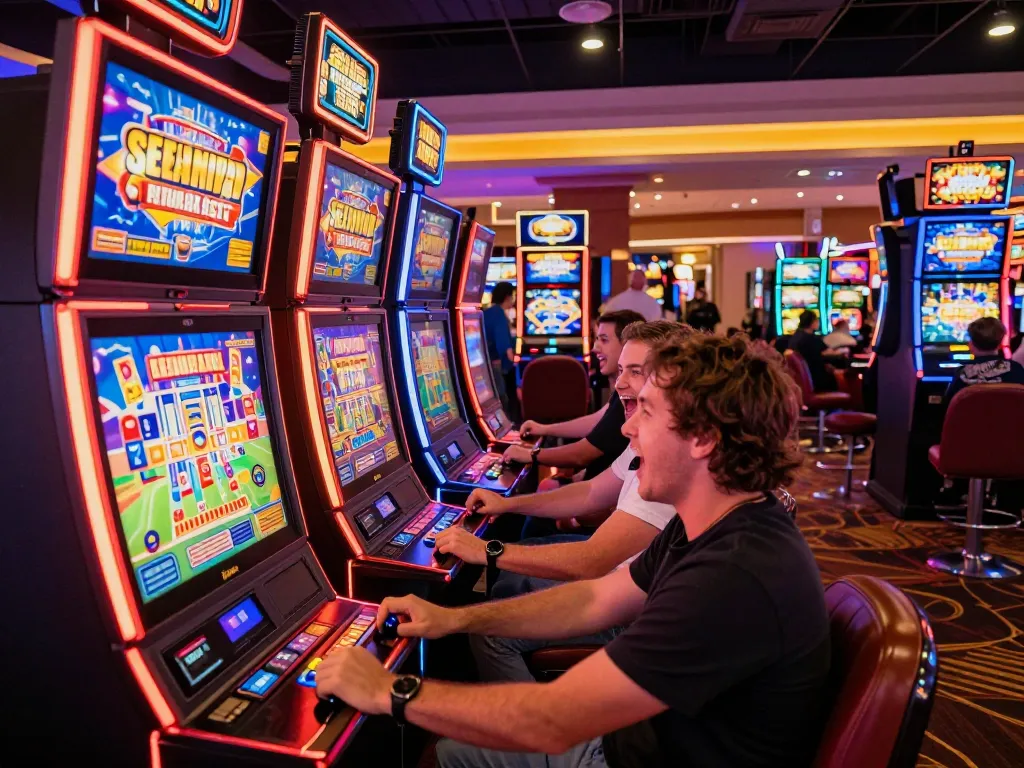 Engaging players enjoying slot games at oli 4d, vibrant machines flashing and attracting attention