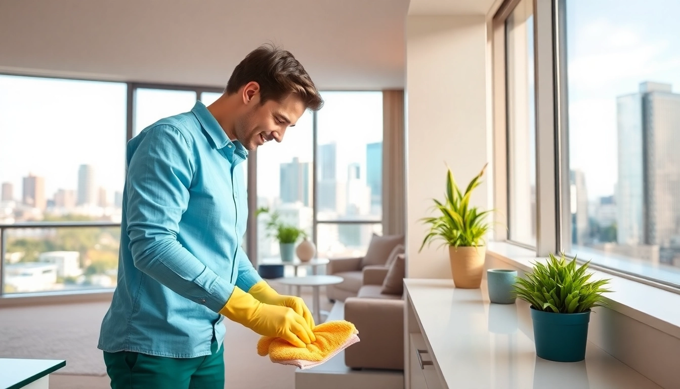 Bond cleaning Brisbane service showcasing a professional cleaner in action in a bright apartment.
