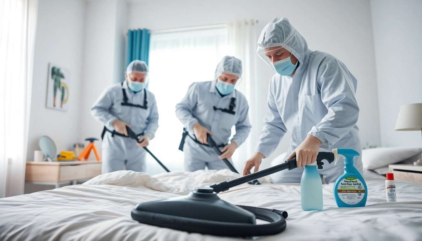 Bed bug exterminators performing pest removal in a clean bedroom environment.
