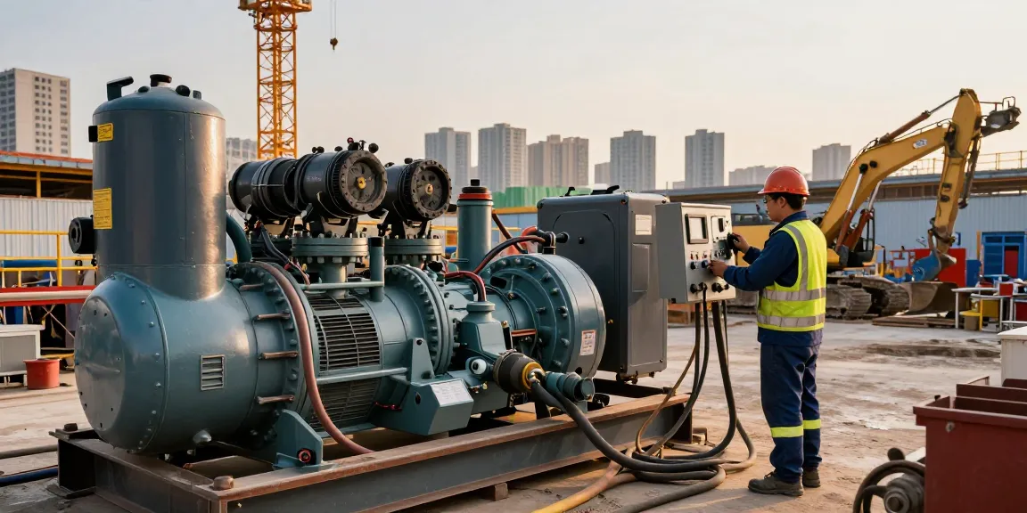 Gas generator powering construction site machinery with technician adjusting controls.