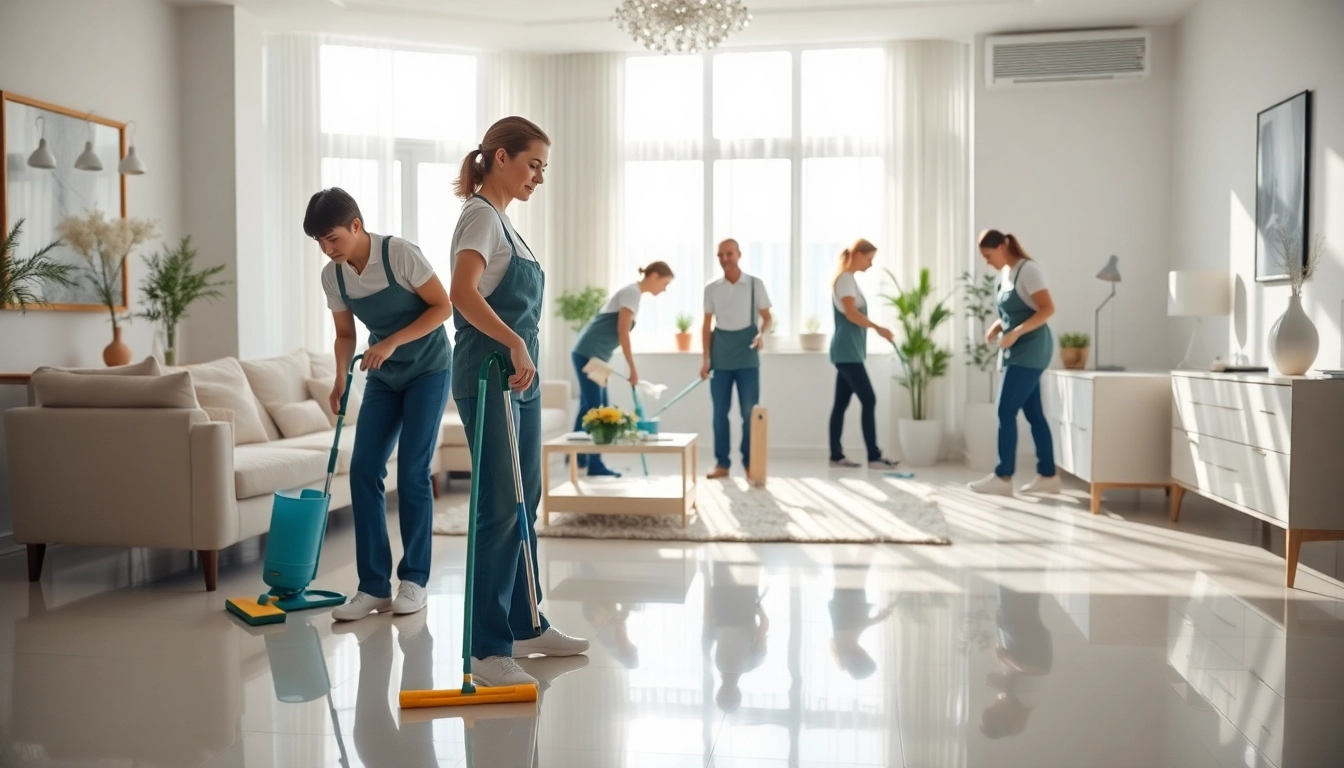 Efficient cleaning service team transforming a serene living space in a bright room.