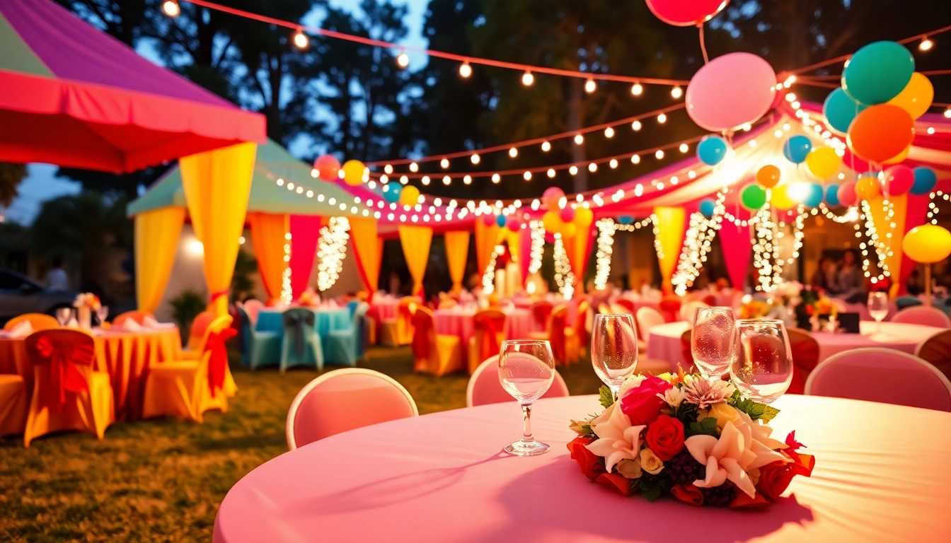 Celebrate with stunning party rentals featuring vibrant tables and decor in an inviting outdoor setting.