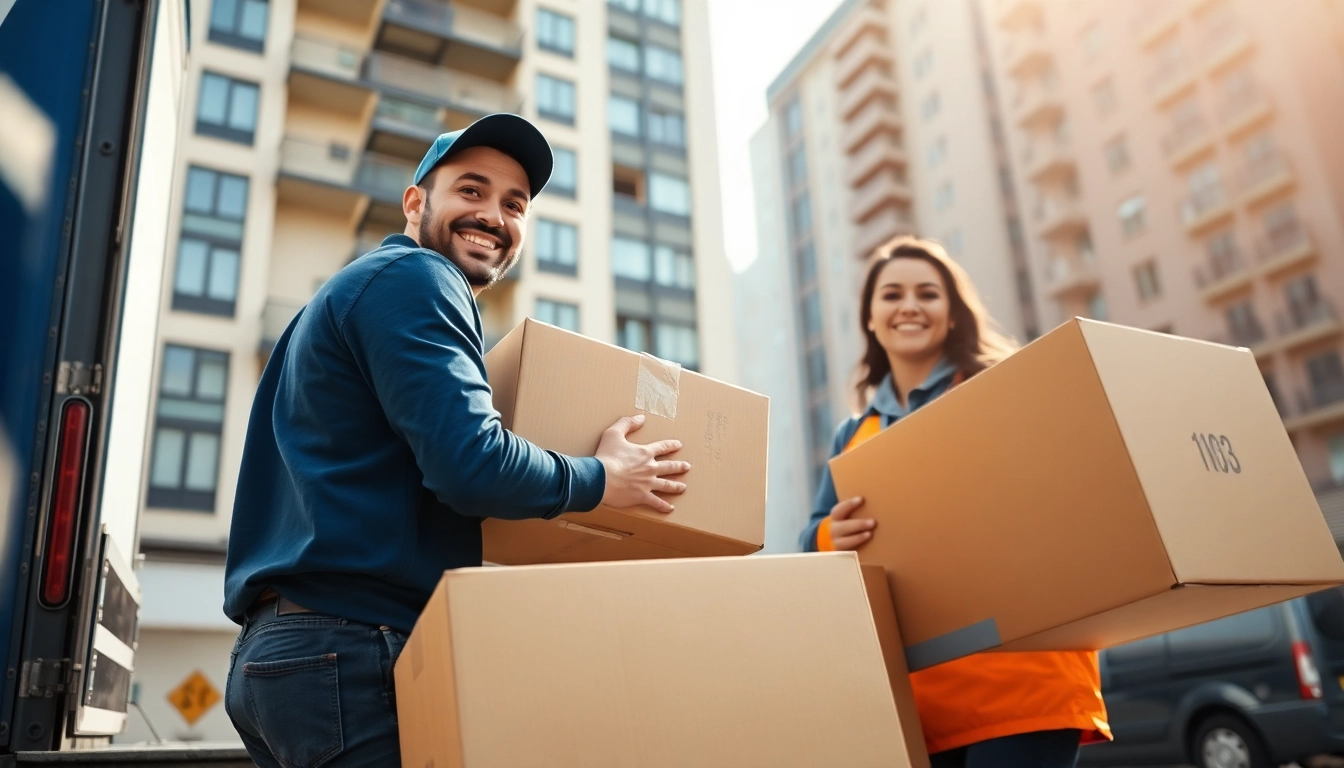 Movers carrying boxes demonstrating removals near me services in a busy urban environment.