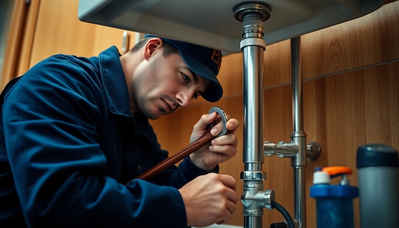 Reliable plumber Knightdale fixing kitchen plumbing with a wrench, showcasing professional services.
