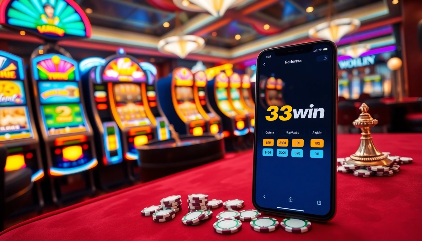 Experience the excitement of tải 33win with vibrant slot machines and a luxurious casino setting.