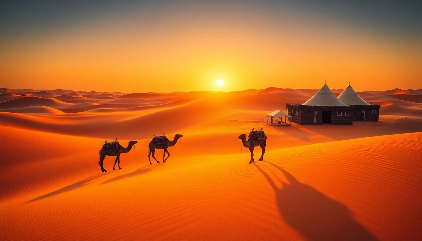 Experience morocco travel with a breathtaking view of the Sahara Desert at sunset, featuring camels and tents.