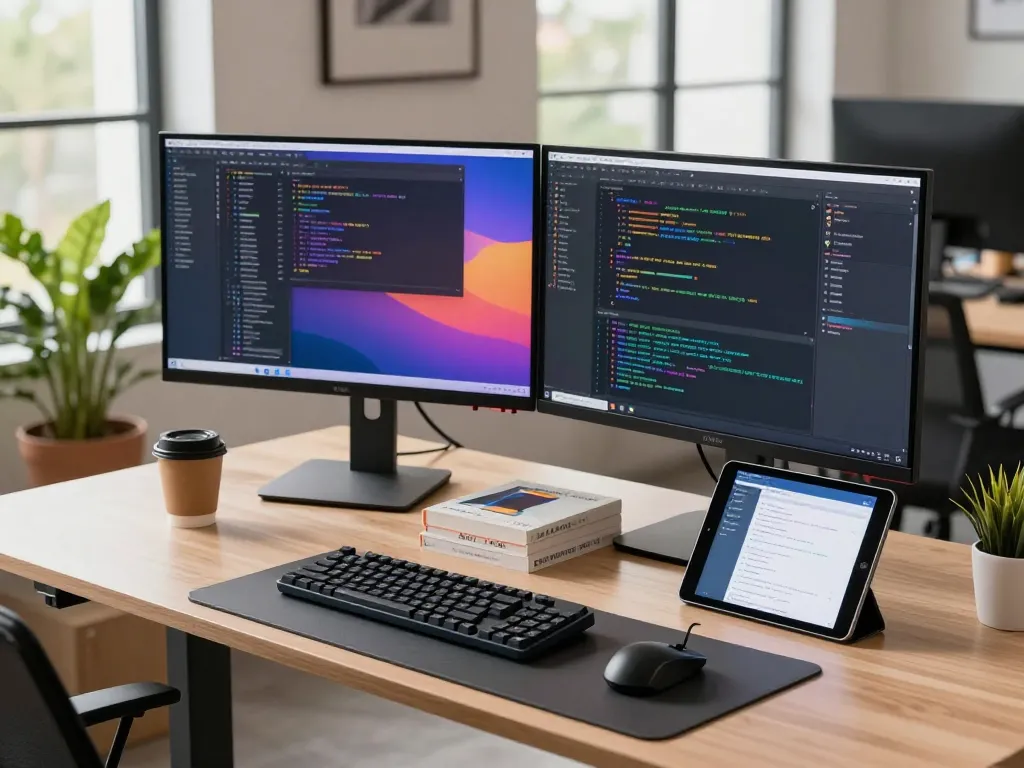 A developer using a Mac mini in a modern workspace with vibrant code on dual monitors.