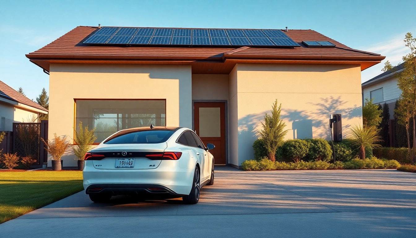 Modern residential home with a sleek home EV charger beside an electric vehicle in a sunny setting.