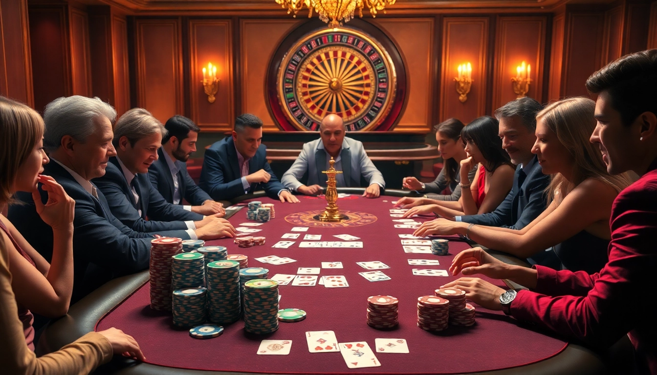 KPI4D excitement at a luxurious poker table with vibrant chips, cards, and roulette wheel.