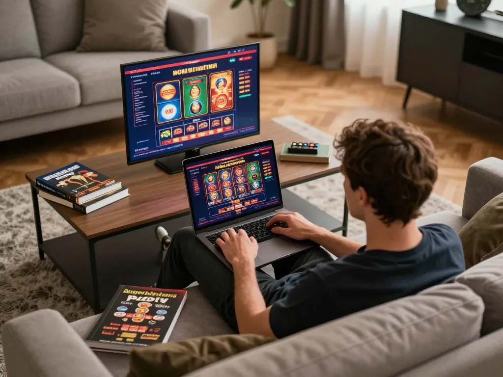 Engaged player exploring FAFA828 casino online on a laptop with warm home ambiance