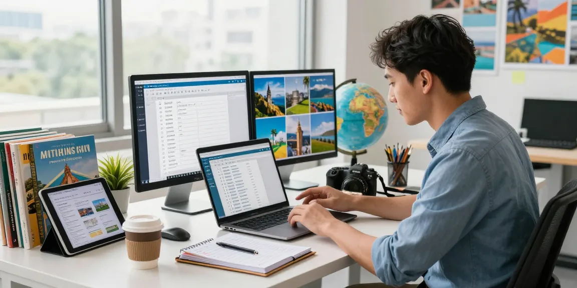 Exploring travefy alternatives in a travel advisor's workspace with vibrant destination visuals.