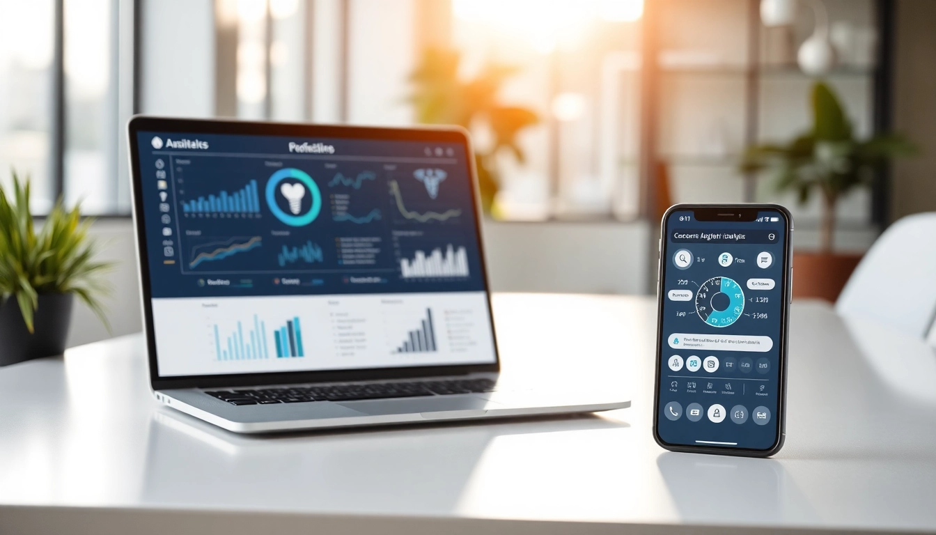 YourGP health analytics interface displayed on laptop and smartphone in a modern office.