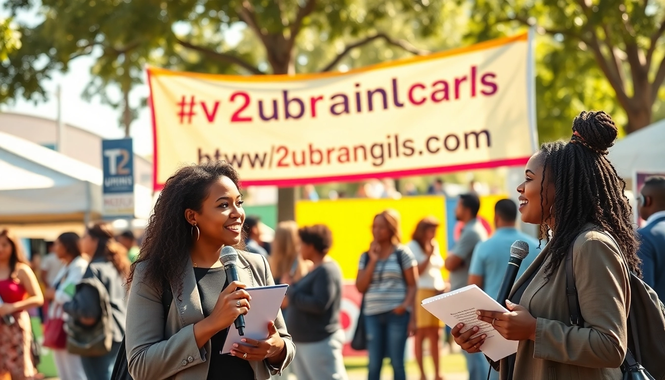 Local influencers discussing news stories for https://2urbangirls.com at a vibrant community event.